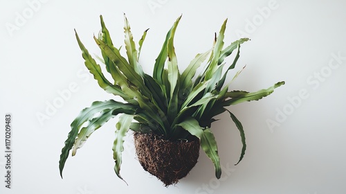 Indoor Asplenium Plant in Kokedama Hanging on White Wall. photo