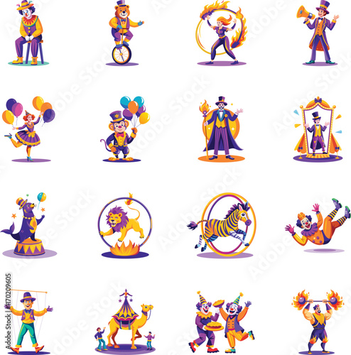 Collection of Flat Style Circus Performer Illustrations 