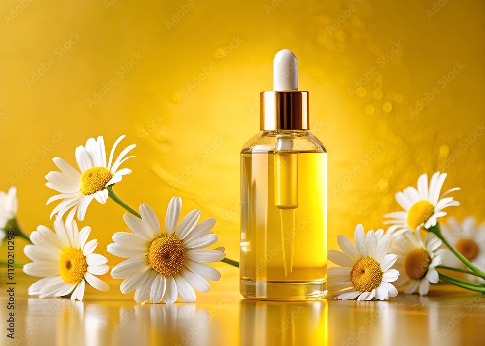 A bottle of golden serum sits beside a delicate chamomile flower against a vibrant yellow backdrop. The image evokes feelings of natural beauty and wellness A bottle of golden serum sits beside a delicate chamomile flower against a vibrant yellow backdrop. The image evokes feelings of natural beauty and wellness