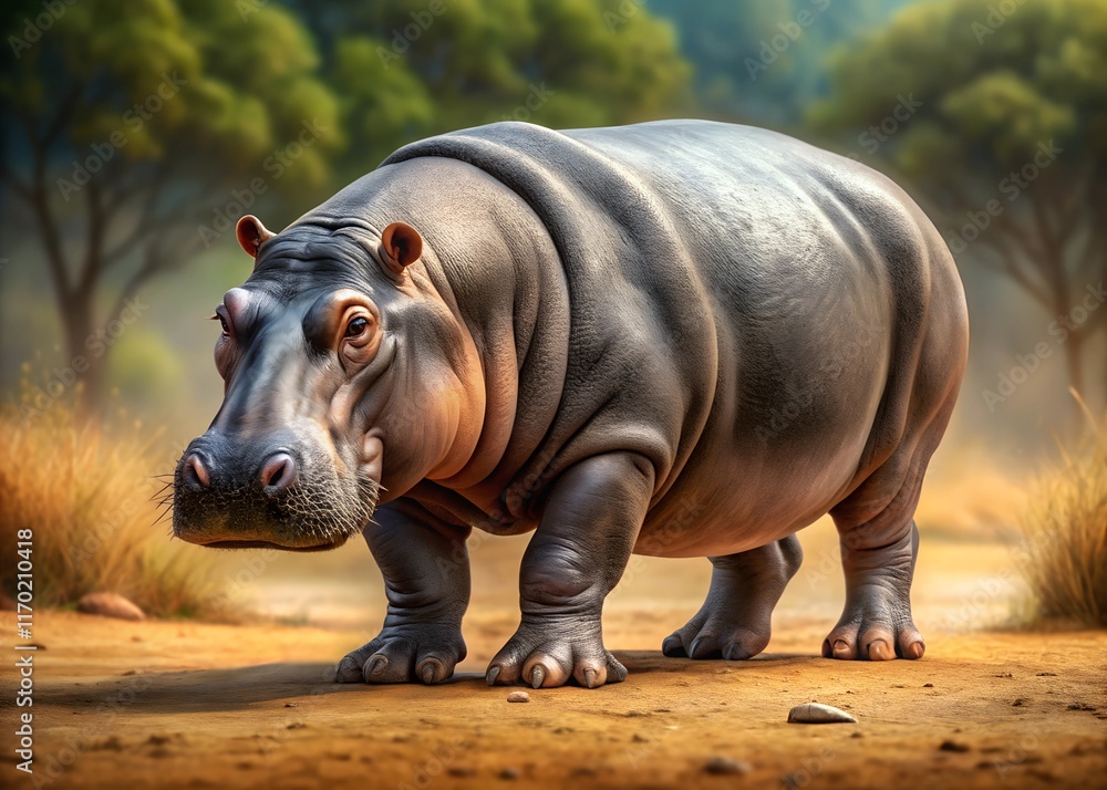 Obraz premium A meticulously detailed illustration of a hippopotamus in a walking pose, set against a backdrop of simulated dirt and short grass.