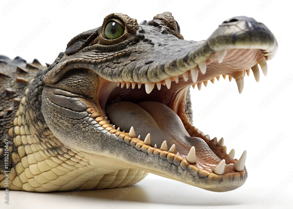 Obraz premium A dramatic close-up of a 3D model alligator, mouth agape, set against a plain white background.