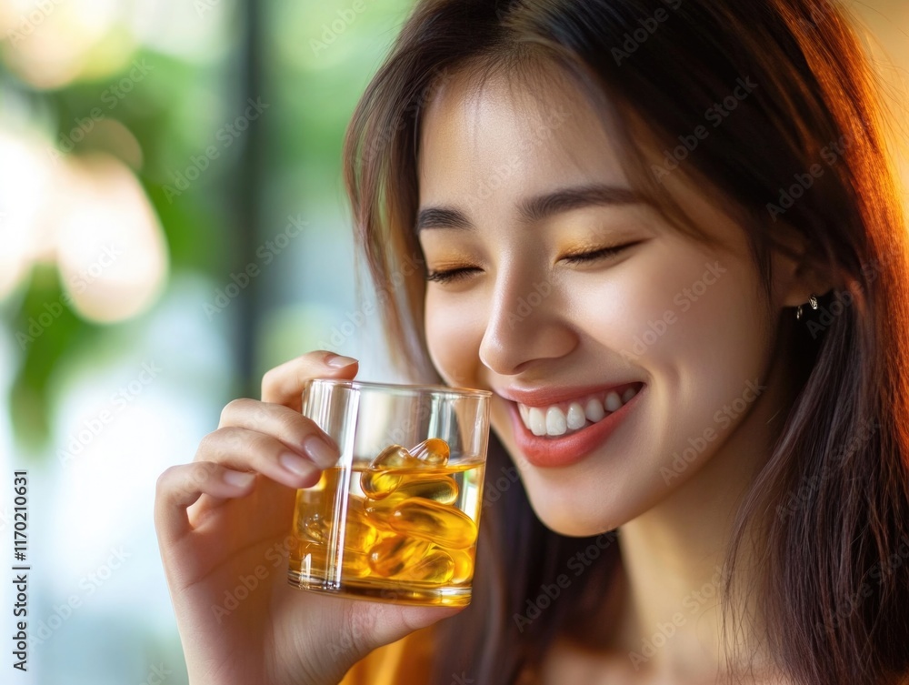 Young woman sipping a beverage while smiling, possibly after a long day or during a break from work. Young woman sipping a beverage while smiling, possibly after a long day or during a break from work.