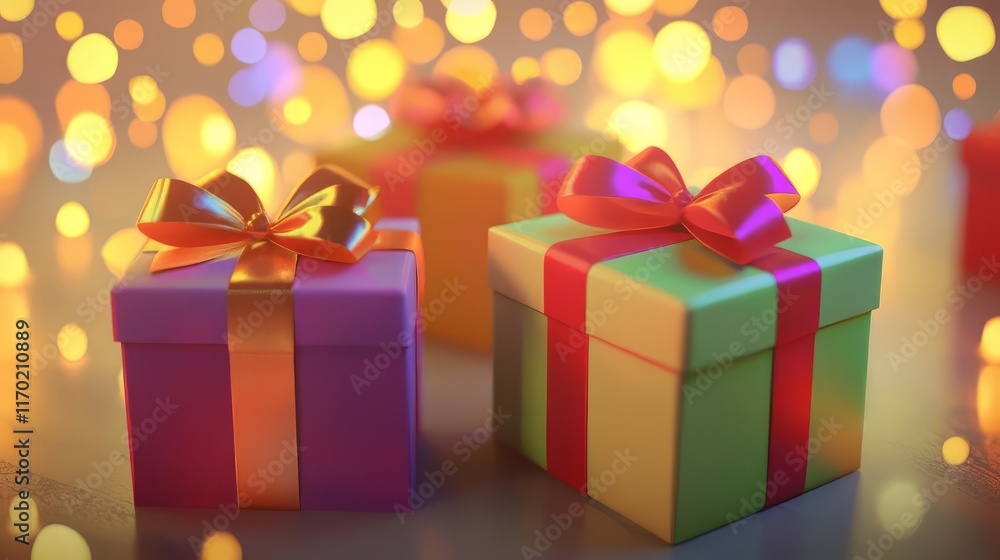 Beautifully wrapped gift boxes with colorful ribbons and bows on a golden background perfect for birthdays, Christmas, holidays or weddings. Beautifully wrapped gift boxes with colorful ribbons and bows on a golden background perfect for birthdays, Christmas, holidays or weddings.