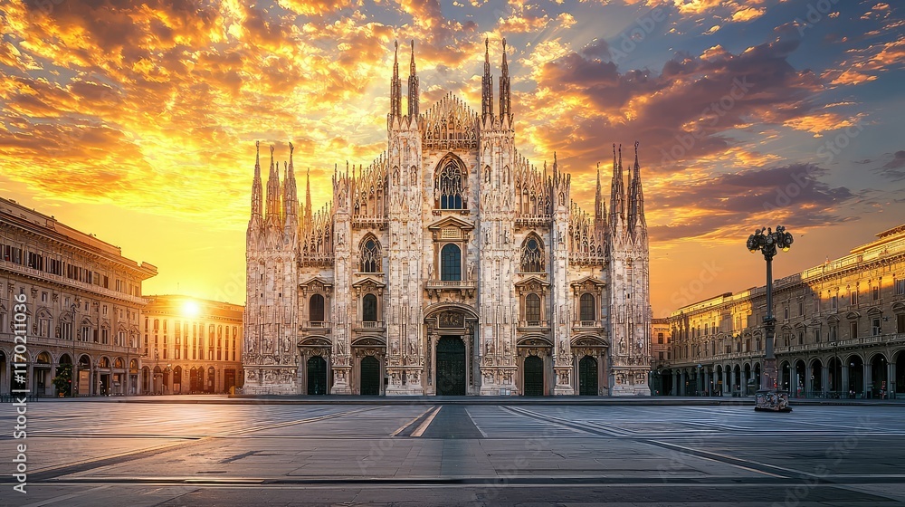 Naklejka premium Stunning Gothic Architecture of Duomo Cathedral at Sunset in Milan