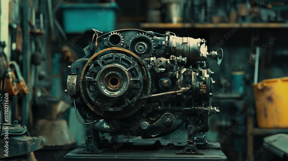 Rusty Engine Close-up: Industrial Machine Detail Rusty Engine Close-up: Industrial Machine Detail
