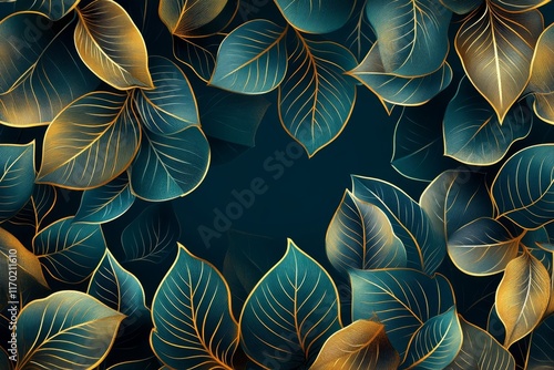 Wallpaper Mural Teal and gold leaves frame, nature background. Torontodigital.ca