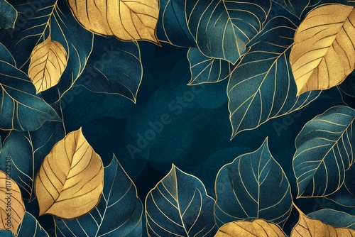 Teal and gold leaves frame on dark background.