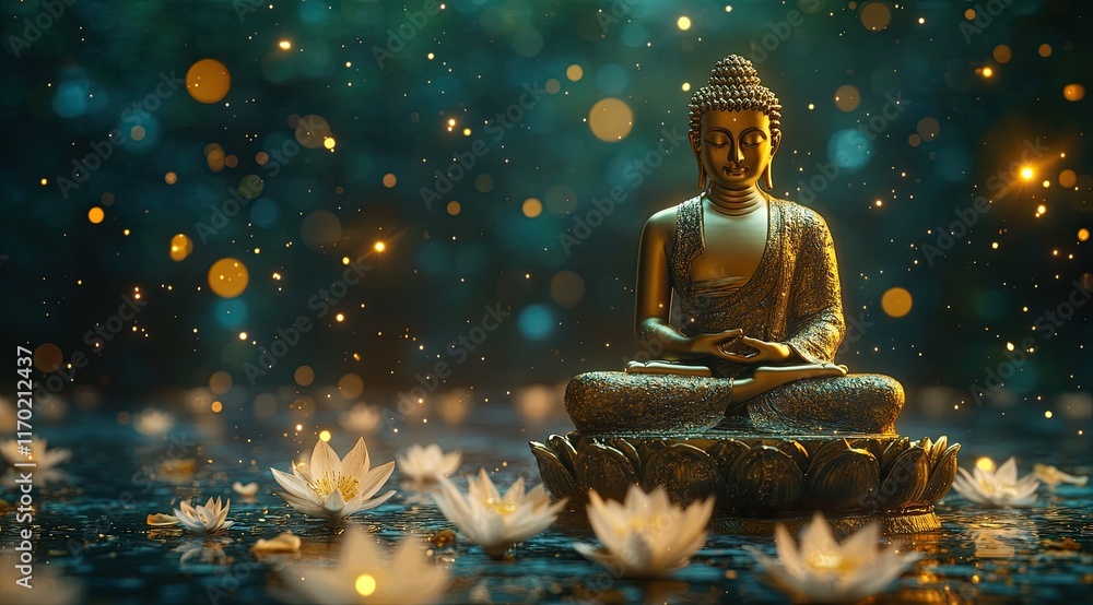 A golden Buddha statue meditating in lotus flowers, with an ethereal background of blue and green tones A golden Buddha statue meditating in lotus flowers, with an ethereal background of blue and green tones
