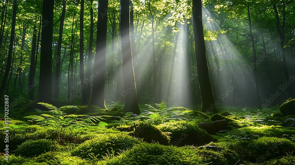 Fototapeta premium Sunbeams illuminate a mossy forest floor.