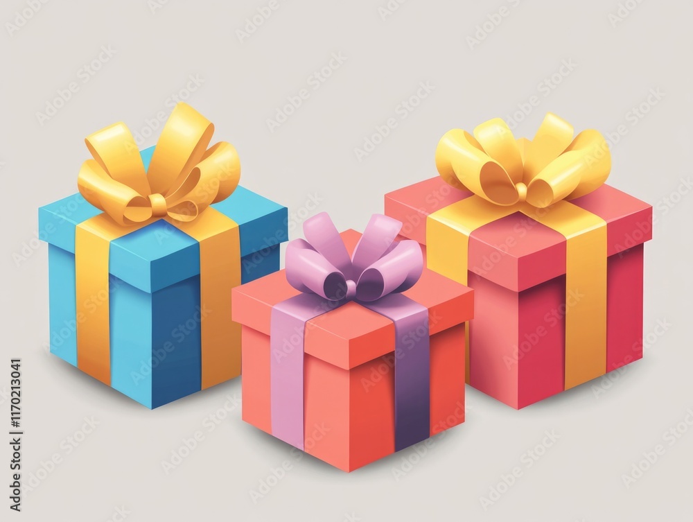 Three boxes with ribbons on top, one blue, one red and one yellow. The boxes are all different colors and sizes Three boxes with ribbons on top, one blue, one red and one yellow. The boxes are all different colors and sizes