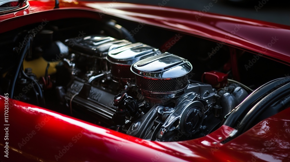 Gleaming Red Classic Car Engine: A Showcase of Automotive Power Gleaming Red Classic Car Engine: A Showcase of Automotive Power