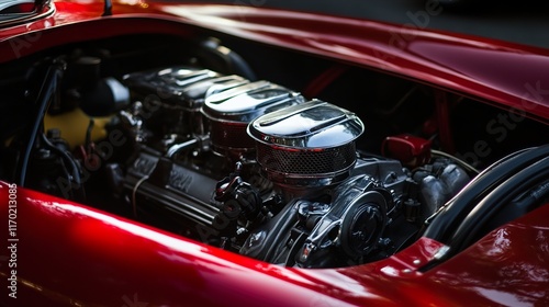 Gleaming Red Classic Car Engine: A Showcase of Automotive Power photo