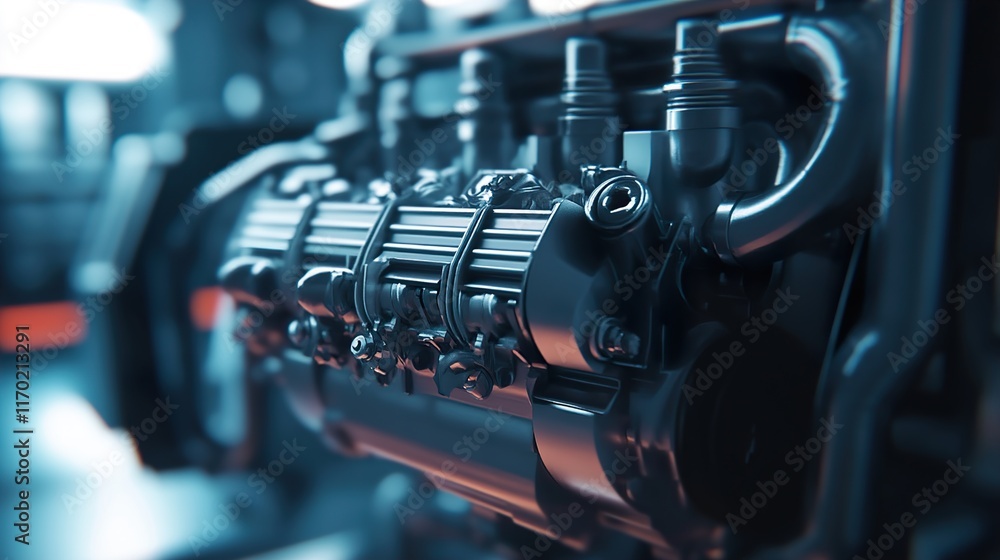 Obraz premium Close-up of a powerful engine, showcasing intricate details and industrial design.
