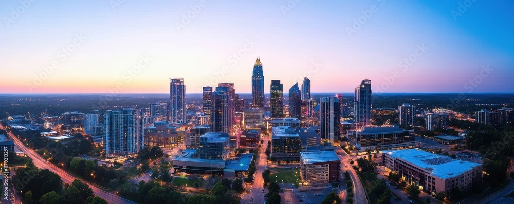 Fototapeta premium City Skyline Illuminated by Eco-Friendly Renewable Resource Lighting at Dusk