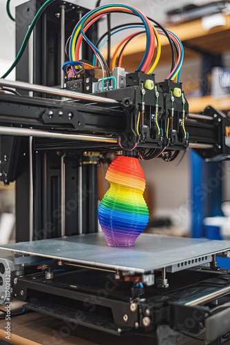 Multi-color 3D printer creating a vibrant prototype photo