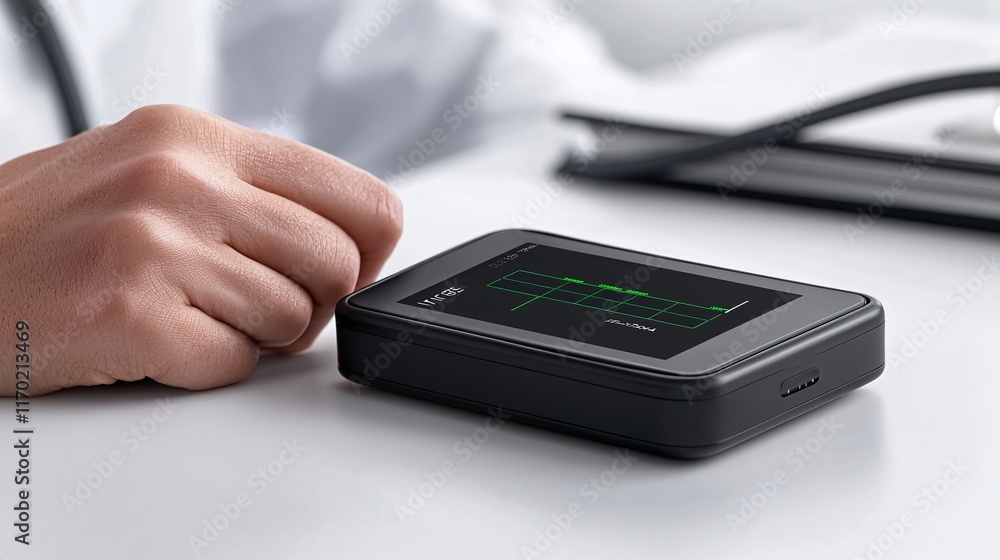 A photostock of a digital blood sugar monitor in use by a patient A photostock of a digital blood sugar monitor in use by a patient