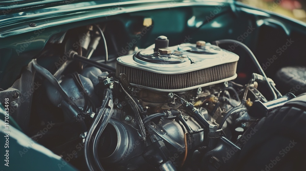 Fototapeta premium Vintage Car Engine Close-up: Classic Auto Mechanics