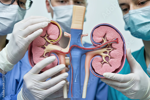 Medical professionals examining a 3D-printed organ replica photo