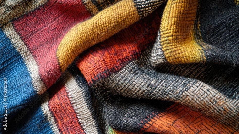 Colorful blanket with a mix of red, yellow, and blue stripes. The colors are vibrant and the blanket appears to be made of wool Colorful blanket with a mix of red, yellow, and blue stripes. The colors are vibrant and the blanket appears to be made of wool