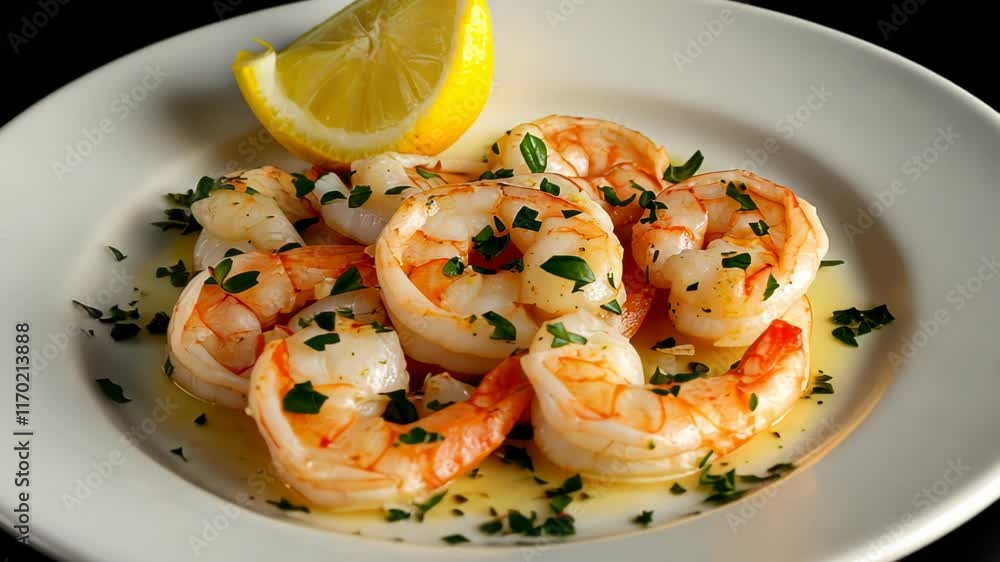 A plate of shrimp garnished with parsley and a lemon wedge. A plate of shrimp garnished with parsley and a lemon wedge.