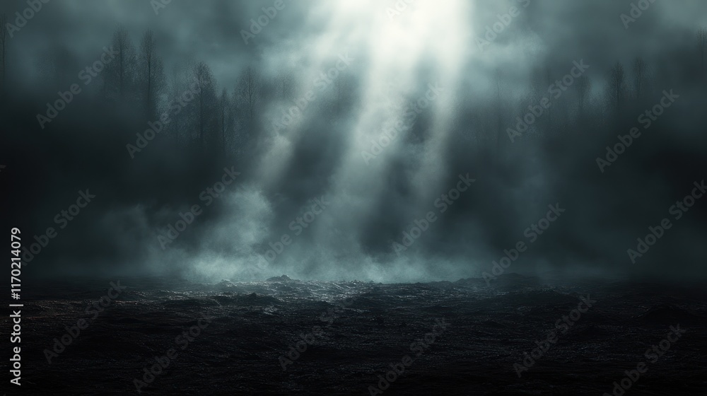 Dark, foggy forest scene with a mysterious light beam illuminating the ground. Dark, foggy forest scene with a mysterious light beam illuminating the ground.
