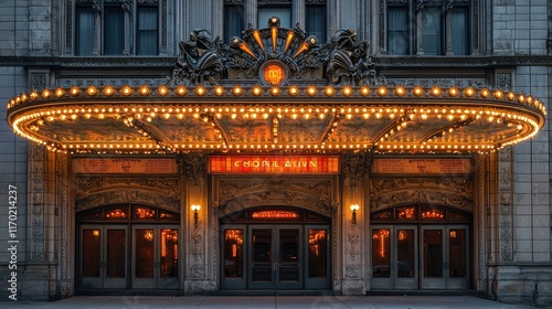 Vintage Theater Entrance with Bright Marquee and Elegant Architecture