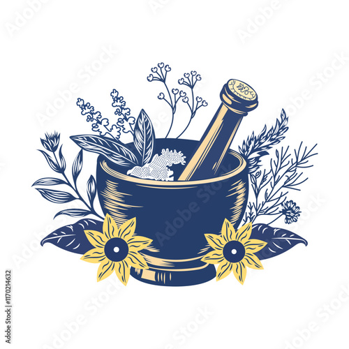 A vintage style illustration of herbal medicine in mortar pestle