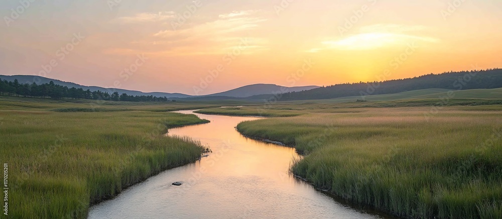 Serene Sunset over a Winding River in a Grassy Meadow Serene Sunset over a Winding River in a Grassy Meadow