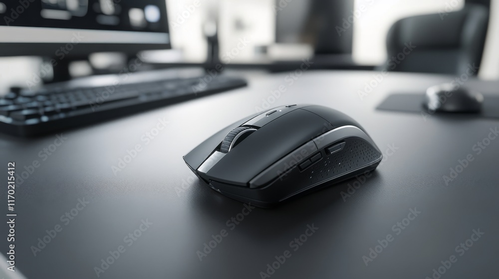 Minimalistic grey business desk with wireless mouse, clean workspace for professional office environment, modern corporate desk setup
Minimalistic grey business desk with wireless mouse, clean workspace for professional office environment, modern corporate desk setup