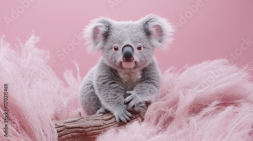 Adorable koala sitting on branch amidst pink feathers. photo