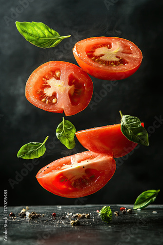 Sliced flying tomato with green leaf on dark background, food concept photo