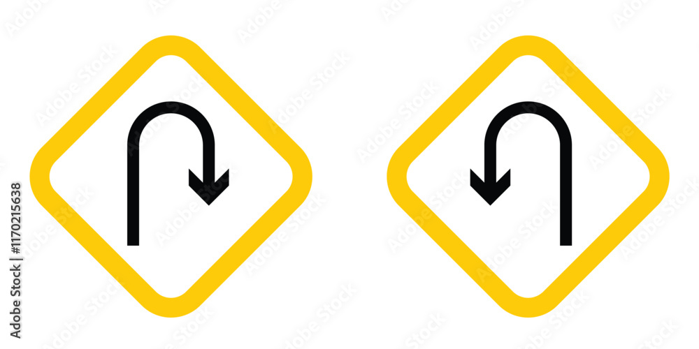Right U turn and turn left U turn Sign U turn. Warning yellow road sign in eps 10.