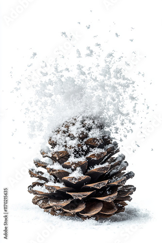 Pine cones with fake snow sprinkled over them, isolated on a white background, symbolizing a natural Christmas photo