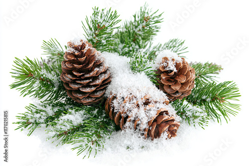 Pine cones with fake snow sprinkled over them, isolated on a white background, symbolizing a natural Christmas photo