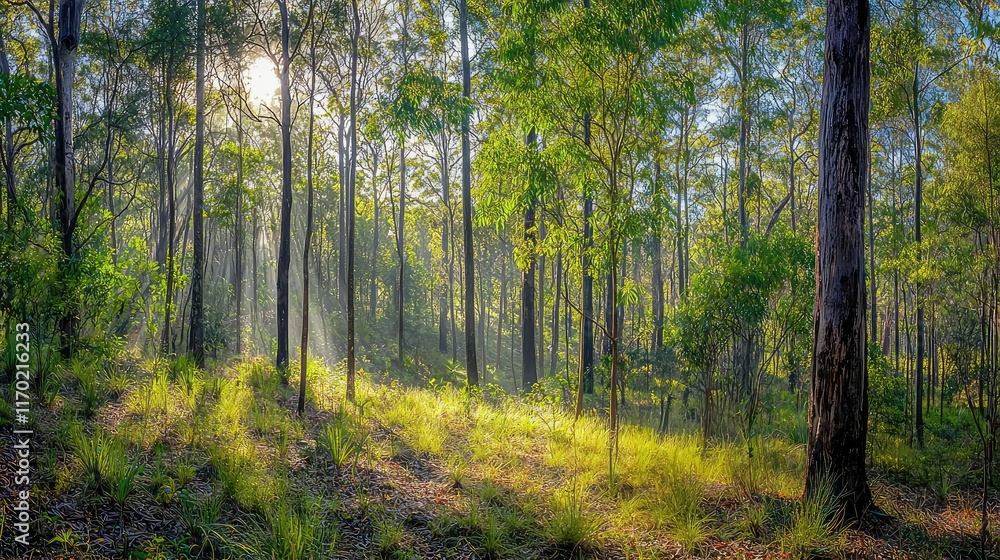 Fototapeta premium Serene Sunlight Filtering Through Lush Green Forest in Morning Glow
