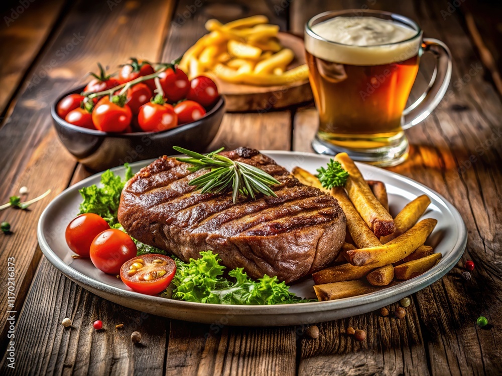 Succulent steak, crispy fries, vibrant veggies, and a cold brew. Restaurant perfection. Succulent steak, crispy fries, vibrant veggies, and a cold brew. Restaurant perfection.