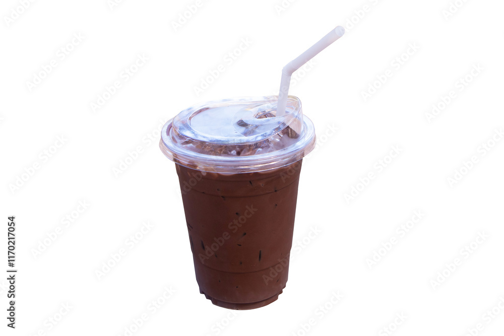 Cold chocolate or cocoa milk with ice cube in plastic and white straw. take away cup isolated clipping path isolated on cut out PNG or transparent background. Cold chocolate or cocoa milk with ice cube in plastic and white straw. take away cup isolated clipping path isolated on cut out PNG or transparent background.