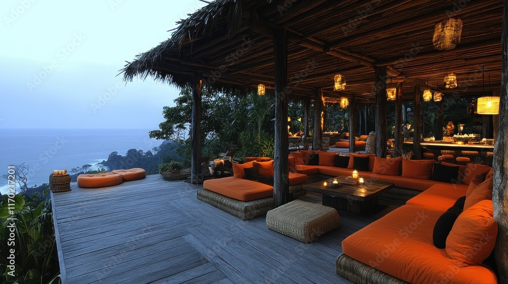 Fototapeta premium Cozy outdoor lounge with ocean view at twilight.
