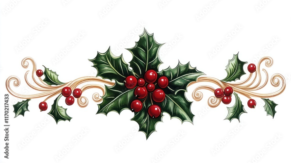 Festive holly berry and leaf design element with gold swirls, perfect for Christmas cards or winter decor. Festive holly berry and leaf design element with gold swirls, perfect for Christmas cards or winter decor.