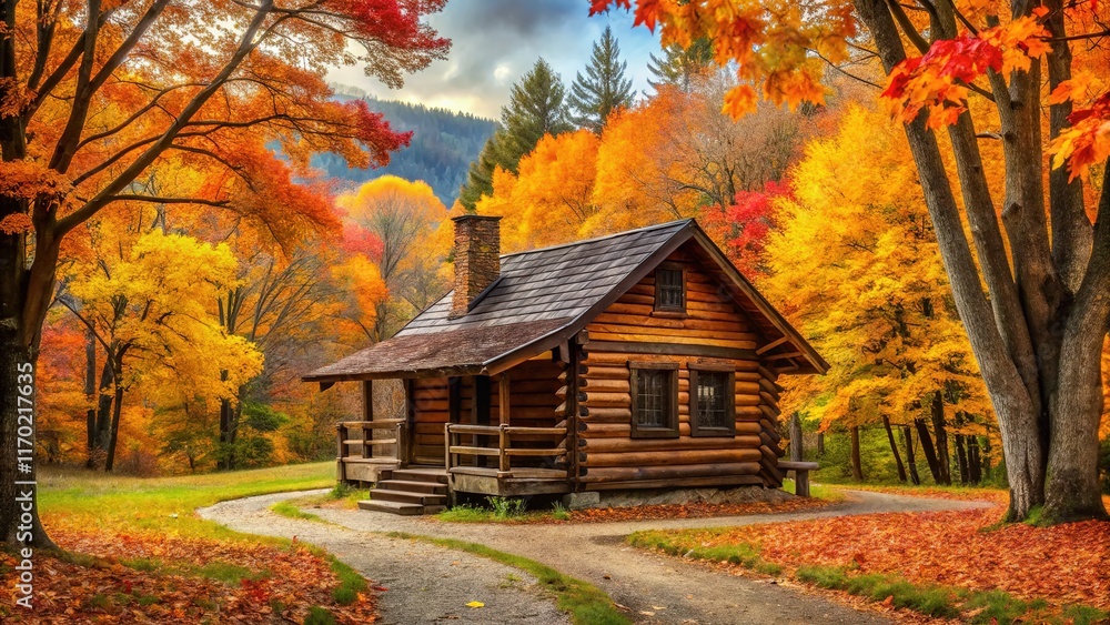 Rustic autumn cabin nestled in vibrant foliage, scenic vista. Rustic autumn cabin nestled in vibrant foliage, scenic vista.