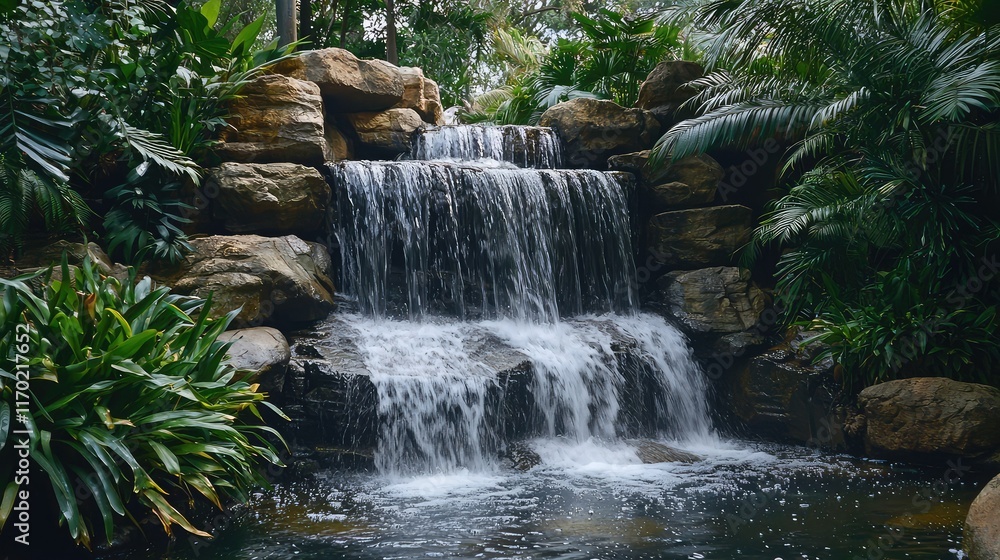 Naklejka premium Serene Waterfall Cascading Over Rocks Surrounded by Lush Greenery