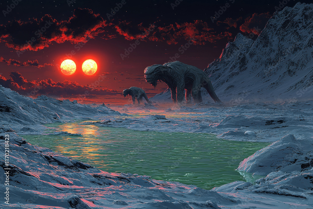 Obraz premium Alien creatures by a toxic river on an icy exoplanet with two suns.