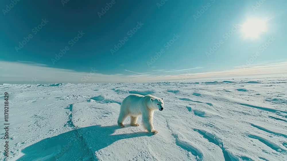 Polar Bear Walking on Snowy Ice Under Bright Blue Sky Polar Bear Walking on Snowy Ice Under Bright Blue Sky