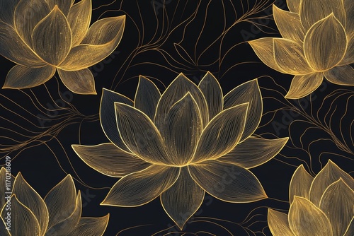 Golden lotus flowers on dark background. (3) photo