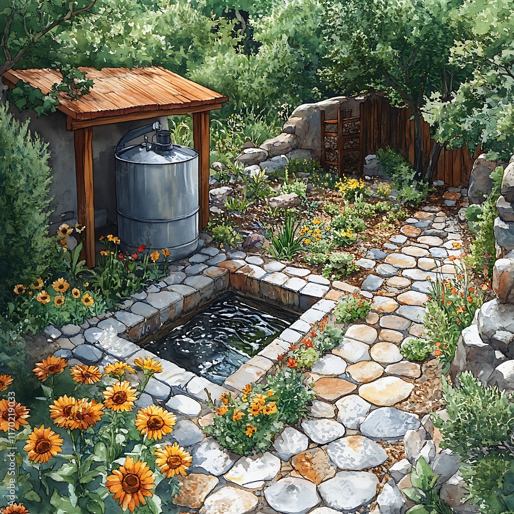 Naklejka premium Serene Garden Oasis with Stone Path and Water Feature