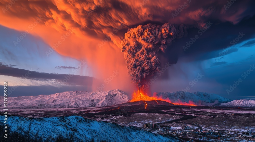Fototapeta premium Majestic Eruption of Volcano Under Dramatic Sunset Sky in Iceland