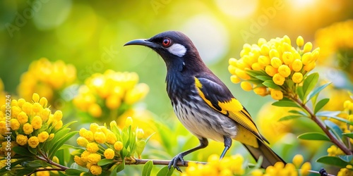 Endangered Regent Honeyeater on Yellow Flowers - AI Art photo