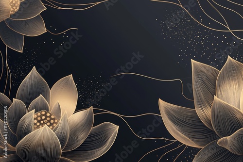 Elegant dark background with gold lotus flowers and subtle lines.