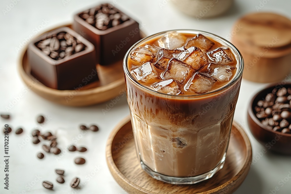 Refreshing iced coffee in a glass, served with coffee beans. Refreshing iced coffee in a glass, served with coffee beans.