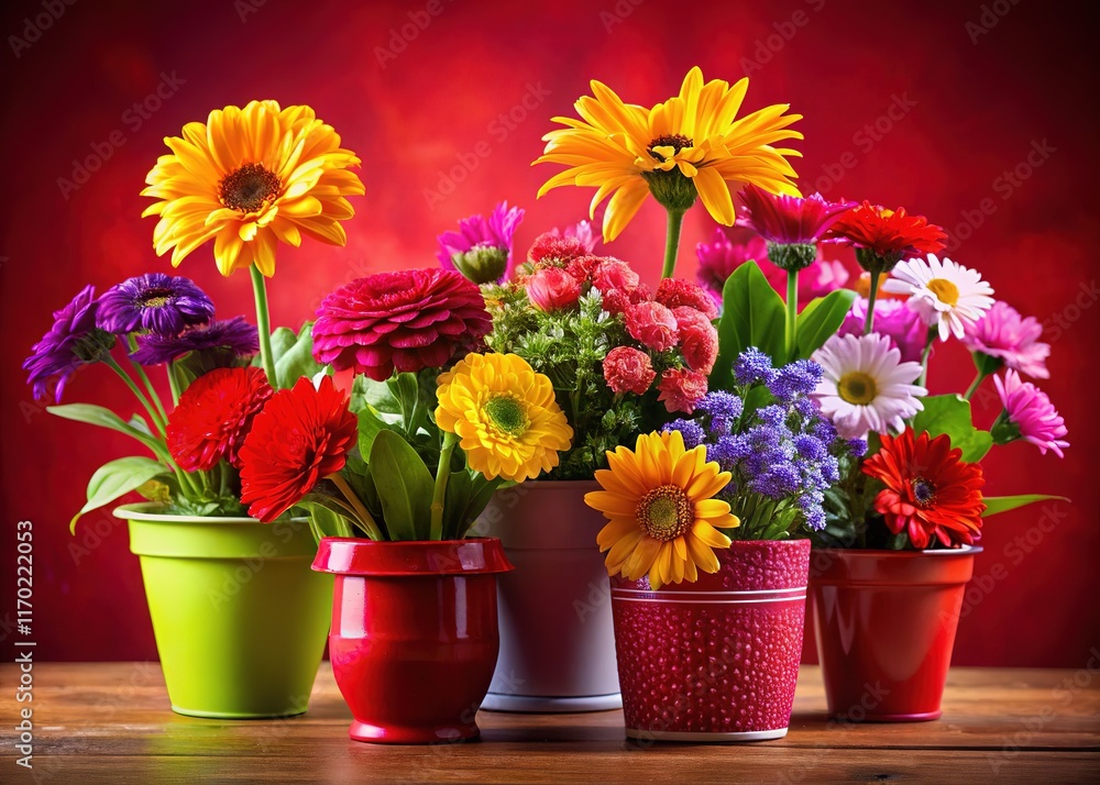 Close-Up Flowers in Pots - Red Background Vivid Colors Close-Up Flowers in Pots - Red Background Vivid Colors